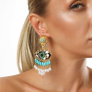 Evil Eye Statement Drop Earrings Turquoise & Pearls | Boho Glam